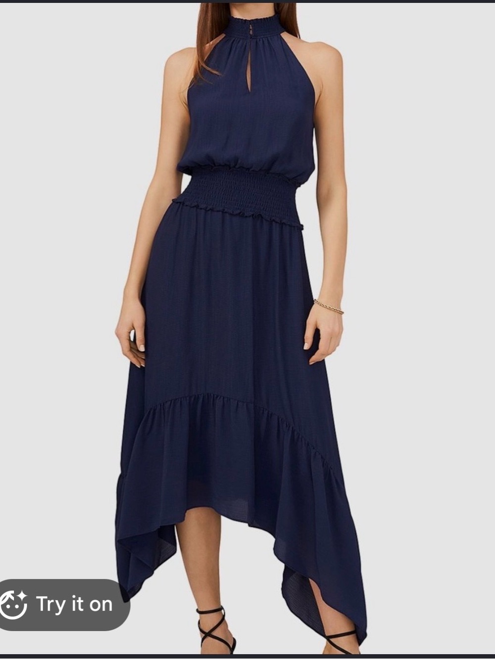 Host Pick EUC 1.State Elegant Navy Halter Smocked Waist High-Low Dress Size S